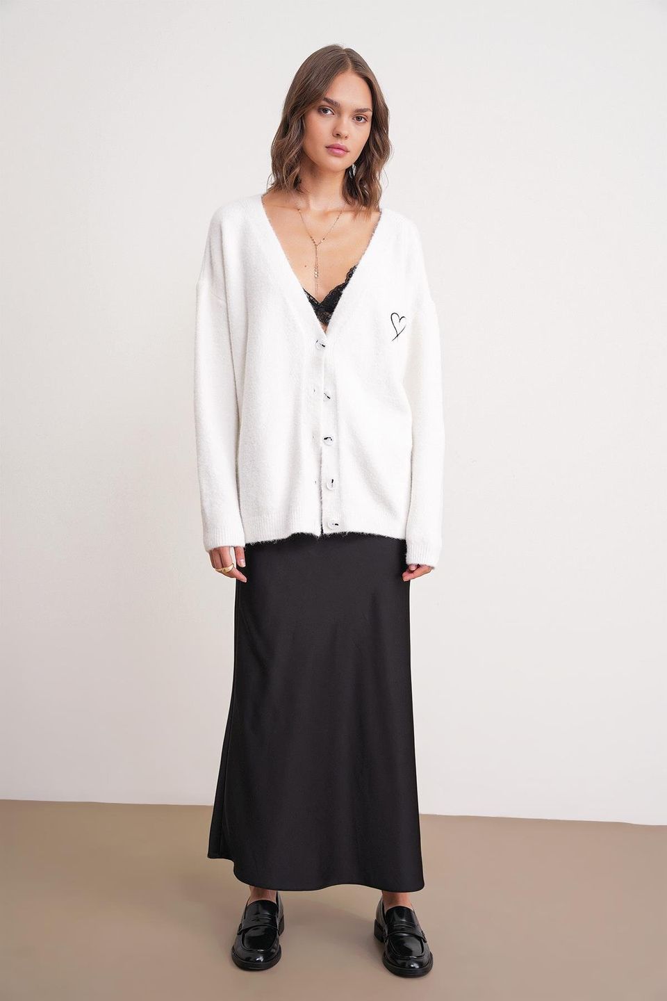 HiCCUP - Stone Natural Mixray Oversized Knit Cardigan With Heart