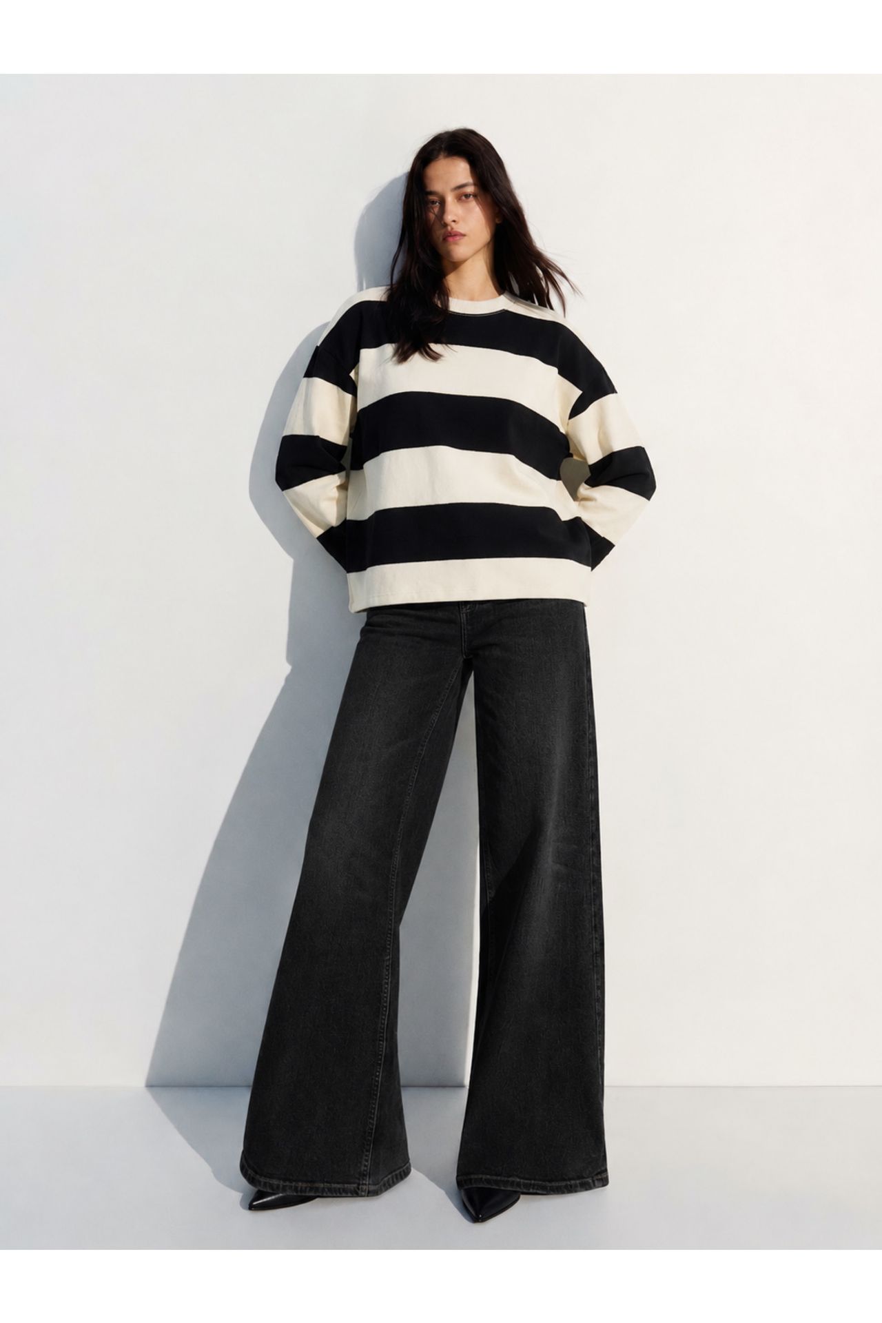 BIPANTOLON Kadın Oversize Çizgili Bisiklet Yaka Sweatshirt 3