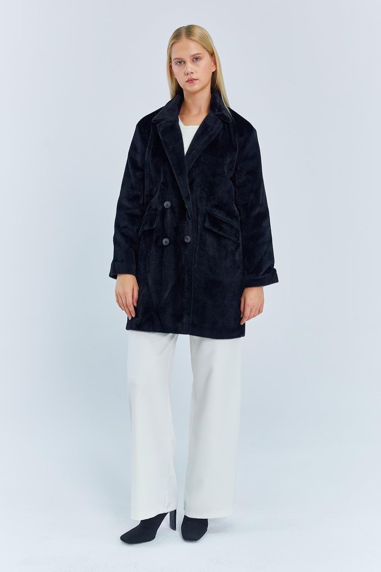 MIXRAY Thick Plush Buttoned Midi Coat with Jacket Collar 2