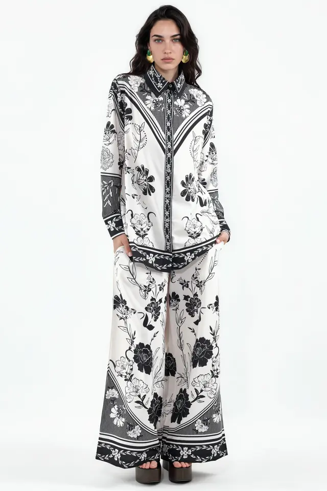 MSN Floral Shirt And Wide-Leg Pants Coord