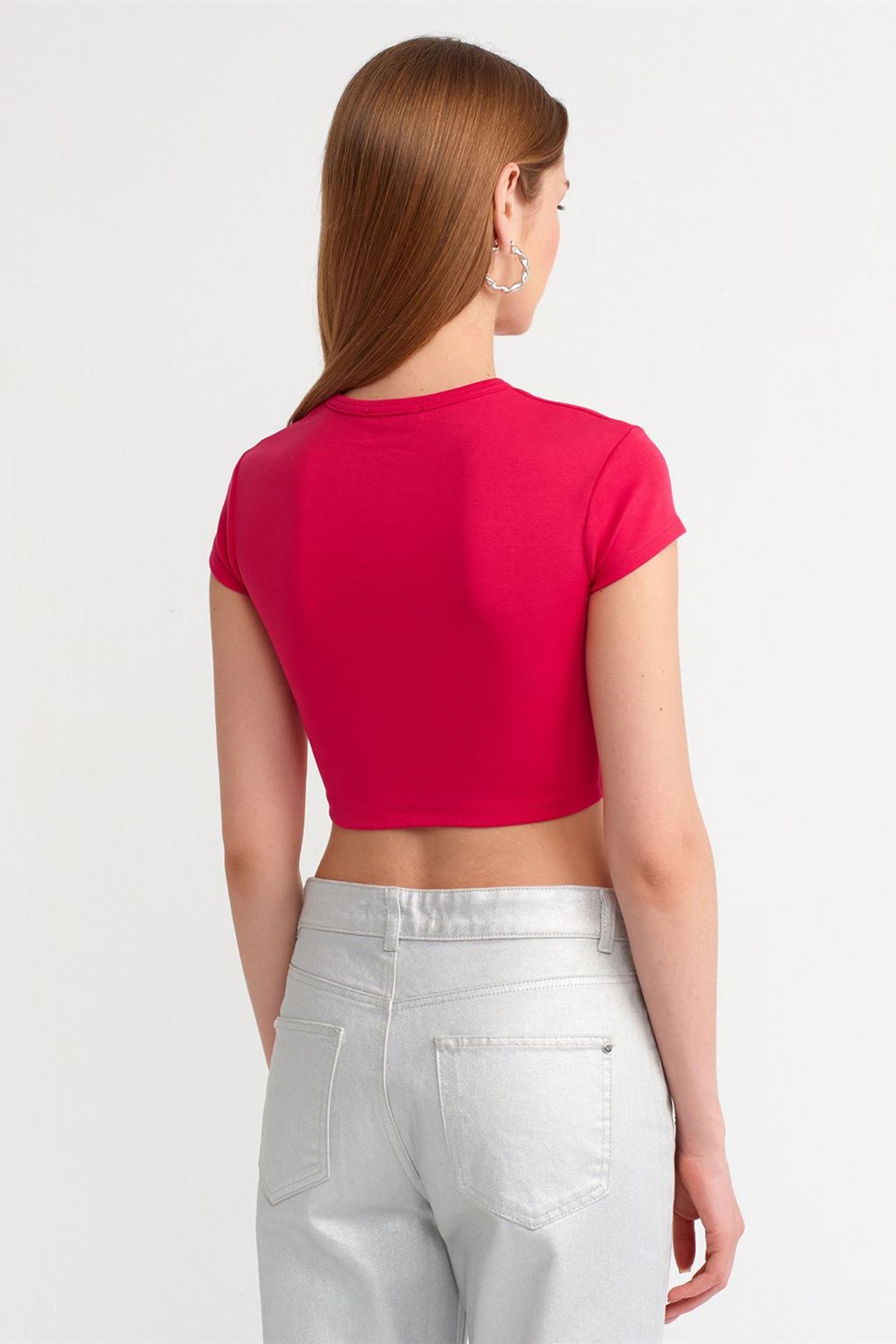 DILVIN Kadın Kısa Slim Fit Bisiklet Yaka Tişört 2