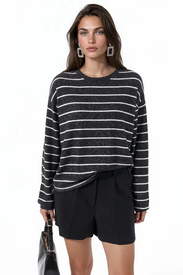 BUSEM Striped Ribbed Crew Neck Sweater