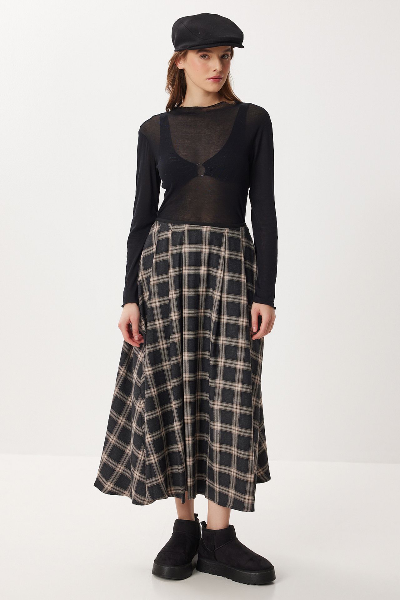 ISTANBUL Pleated Plaid Midi A-Line Skirt 2