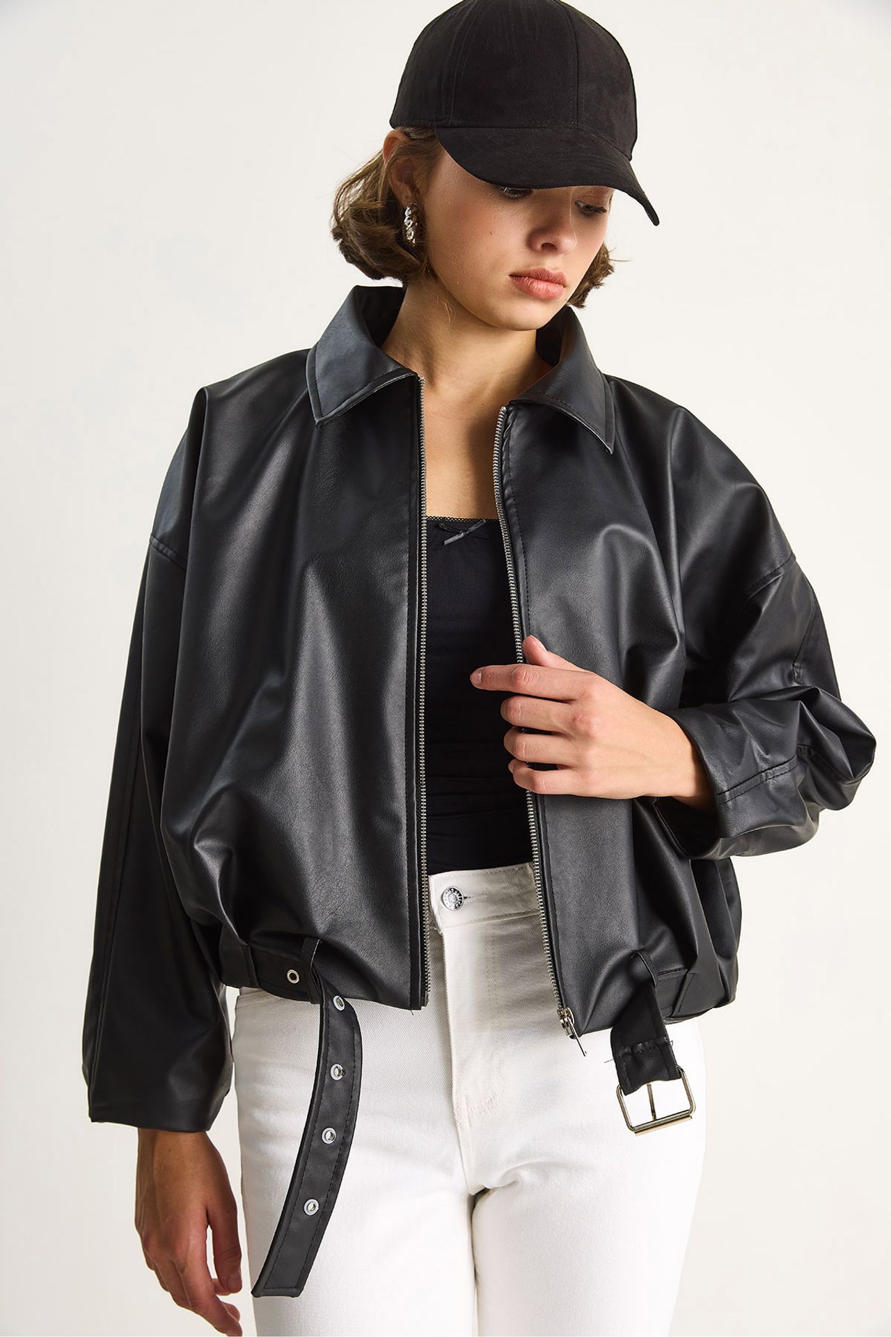 LUCCI Faux Leather Bomber Jacket with Zipper Closure 2