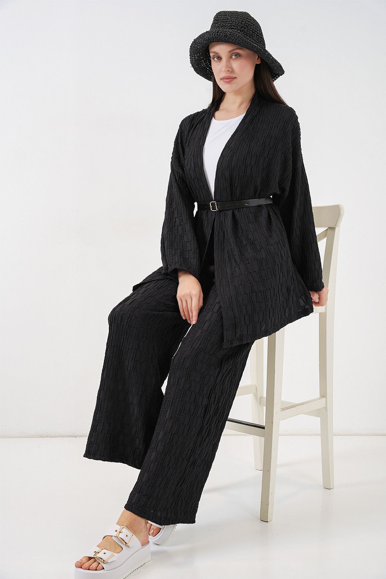 BDART Textured Shawl Collar Kimono Pants Set