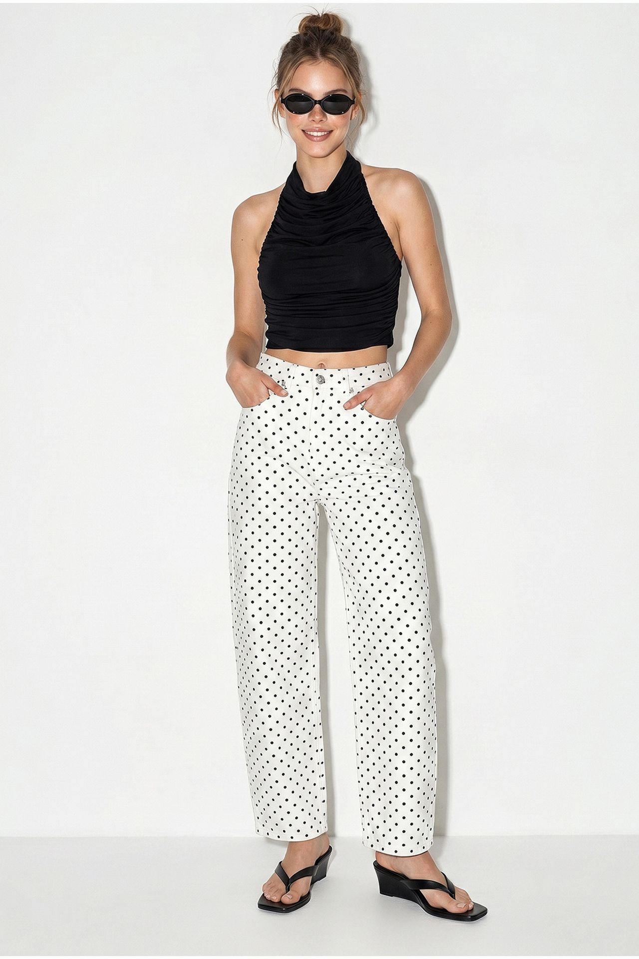 LUCCI High-Waist Straight Leg Polka Dot Jeans 1
