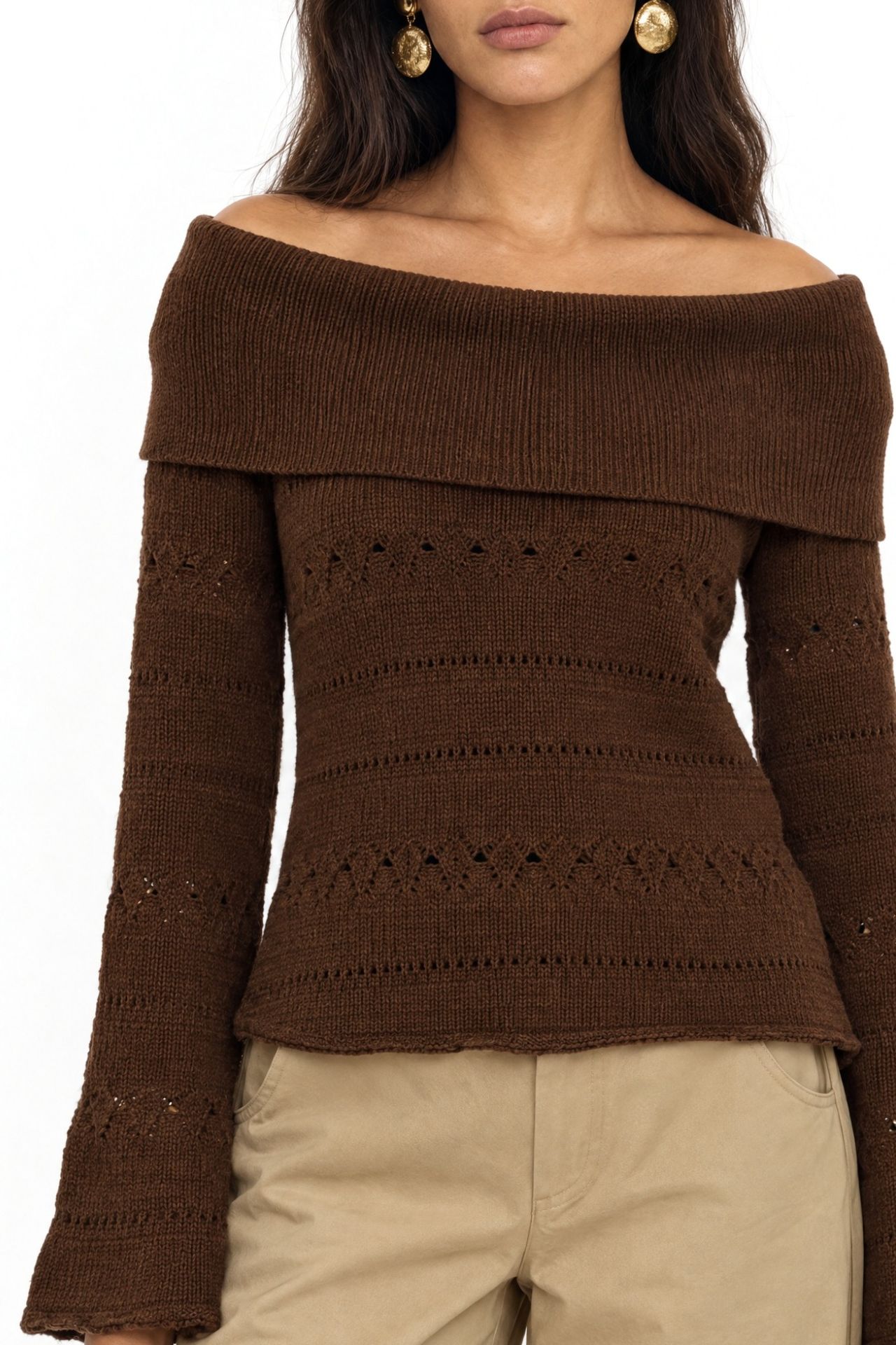MIXRAY Off Shoulder Textured Ribbed Sweater with Cut Out Details 3