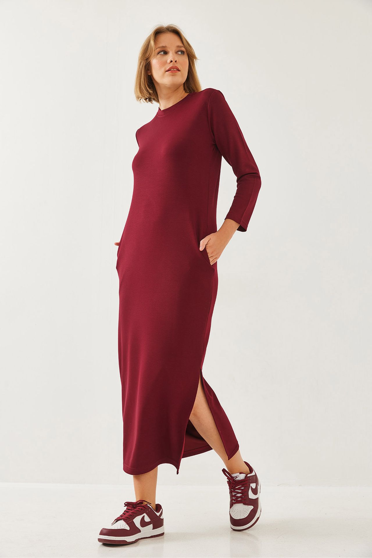 LUCCI Crew Neck Long Sleeve Midi Dress with Slit