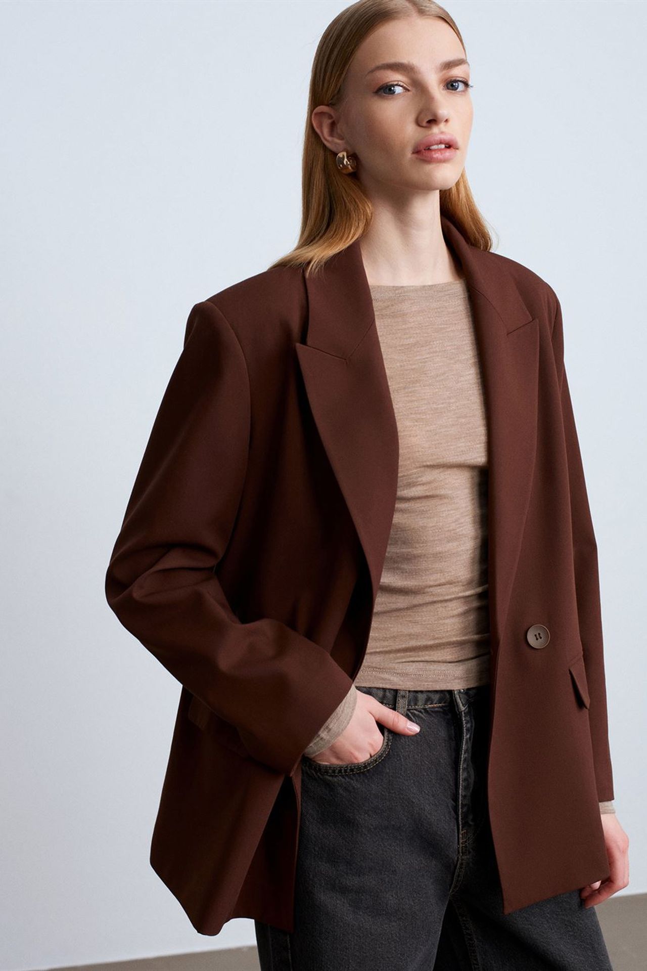 DILVIN Oversize Uzun Krep Blazer Ceket 4