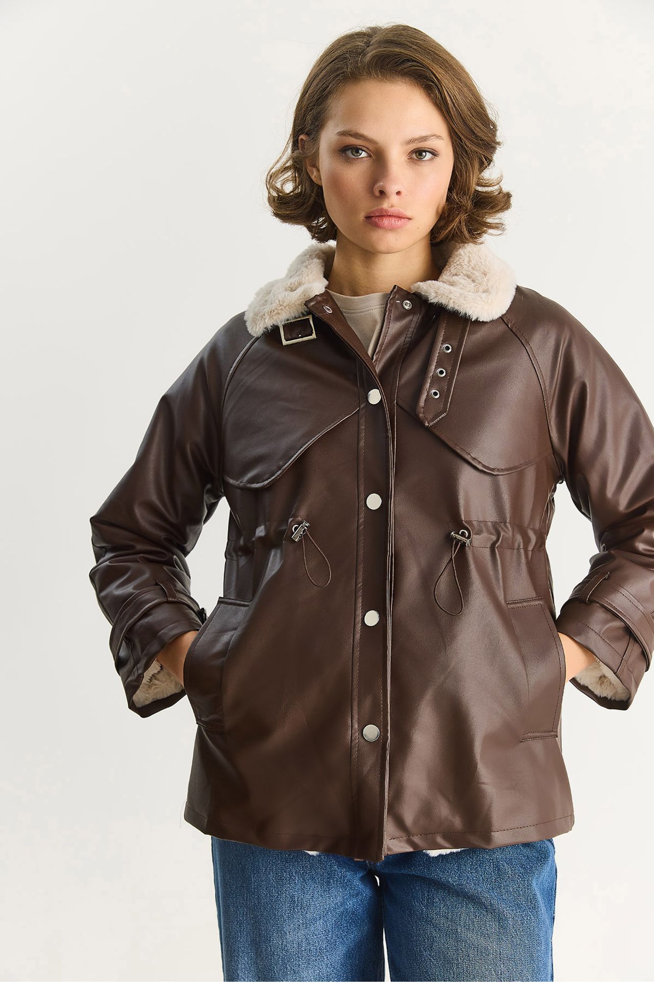 LUCCI Faux Leather Jacket with Faux Fur Detail