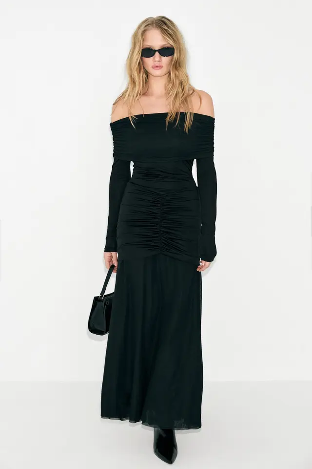GRIMELANGE Boat Neck Shirred Bodycon Maxi Dress