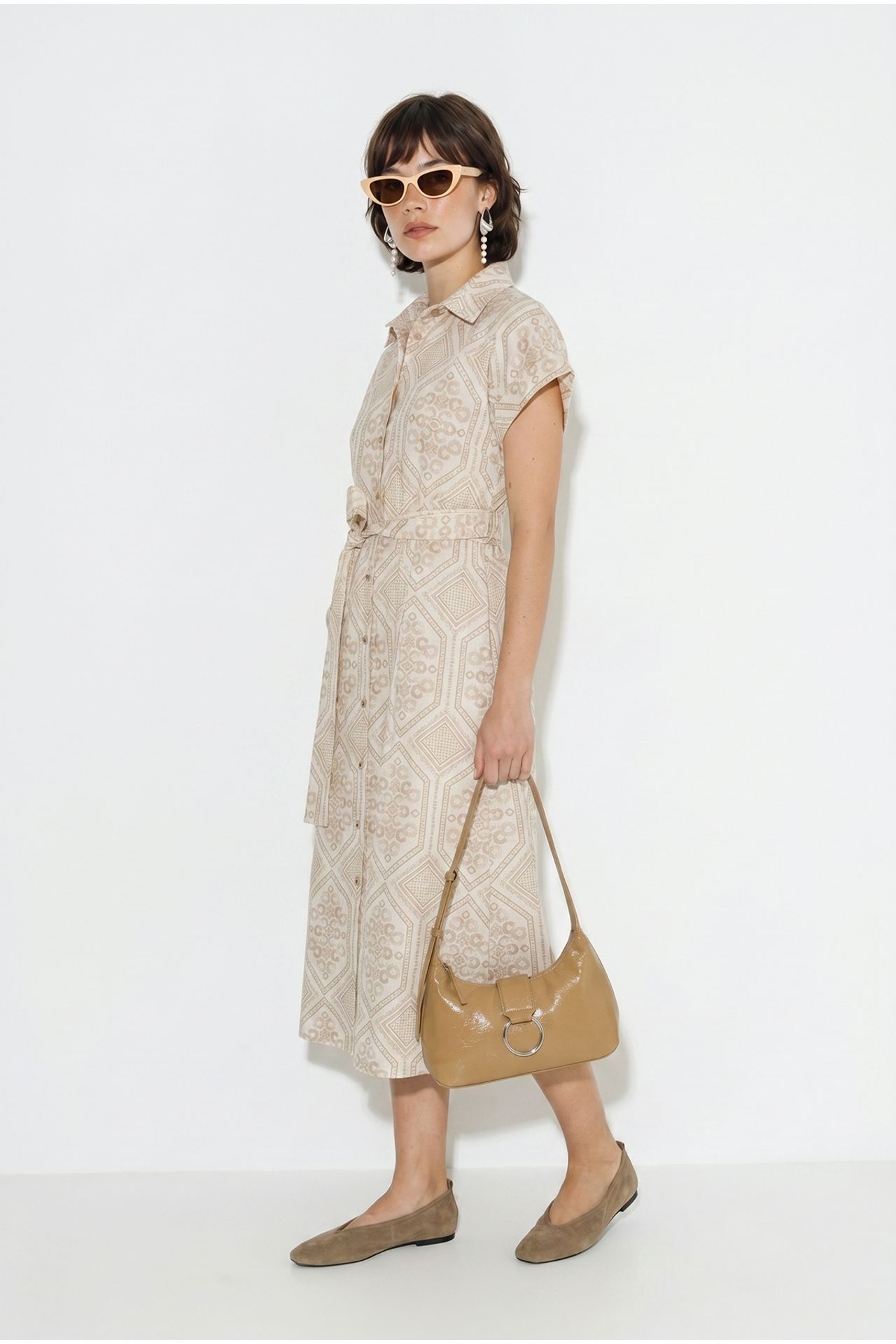 LUCCI Belted Geometric Cotton Midi Shirt Dress 3