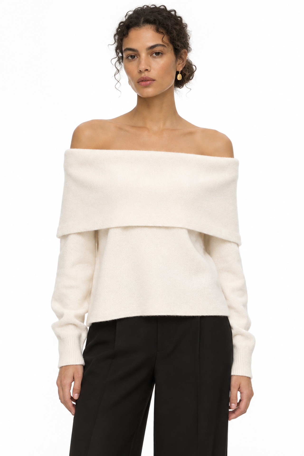 MIXRAY Oversized Ribbed Knitwear Blouse with Madonna Collar 1