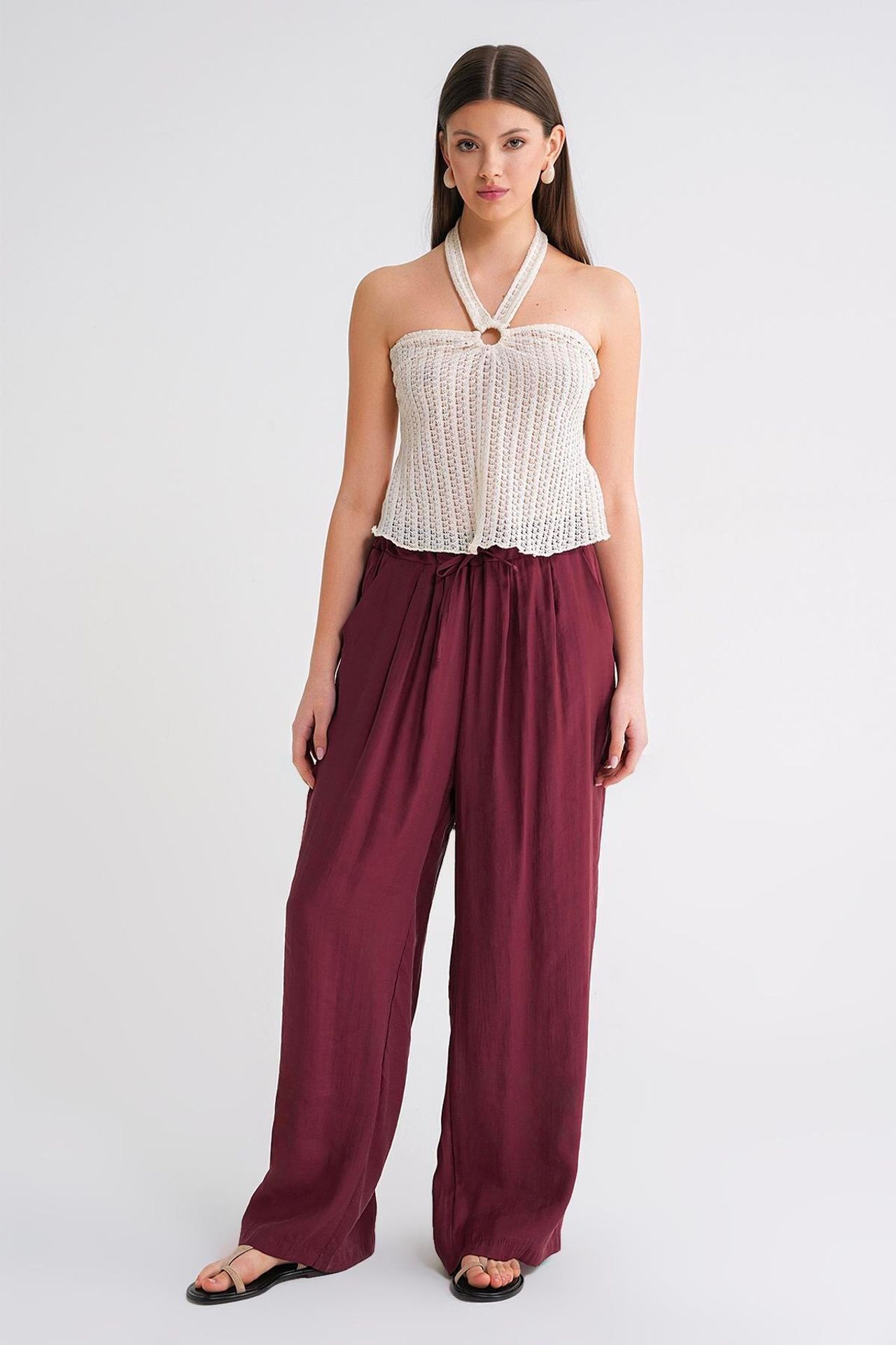 Mixray High Waist Modal Pleated Palazzo Pants with Drawstring 4