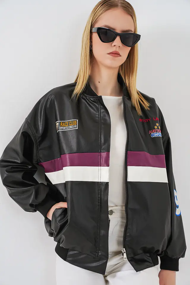 BDART Fitted Crop Faux Leather Bomber Jacket with Bow