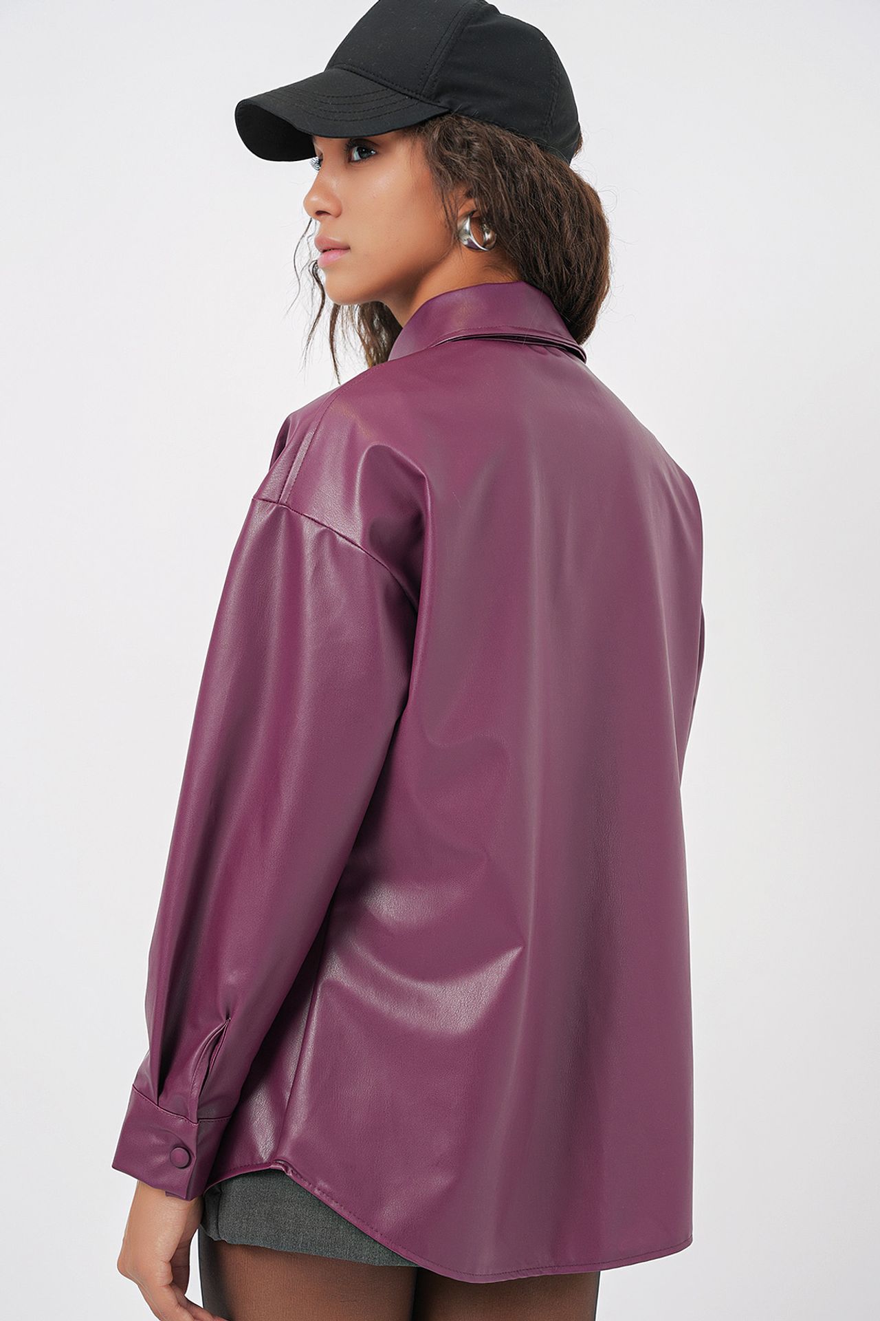 BDART Oversized Faux Leather Long Sleeve Button-Up Shirt with Pocket 6