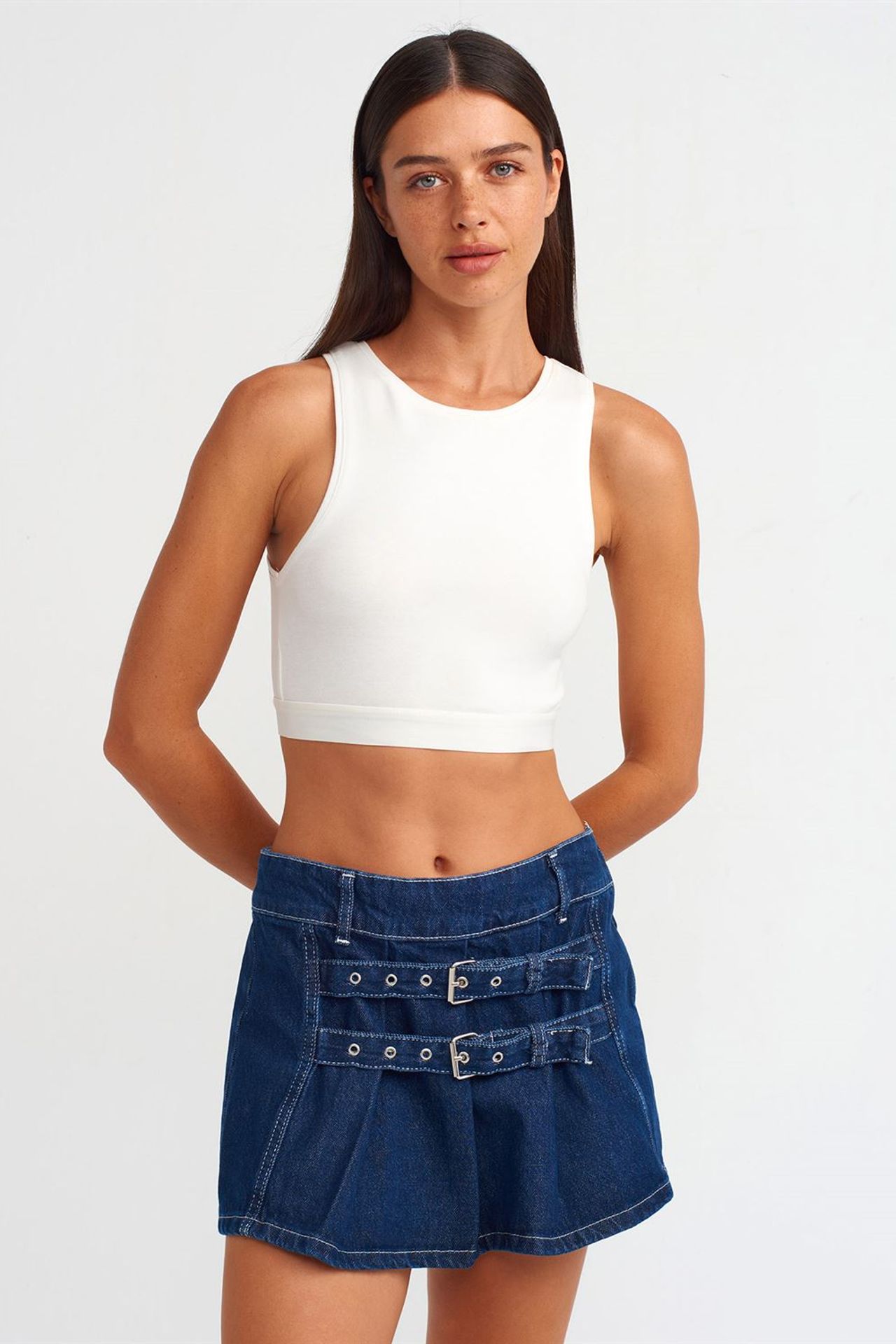 DILVIN Belted Cotton Denim Mini Skirt 3