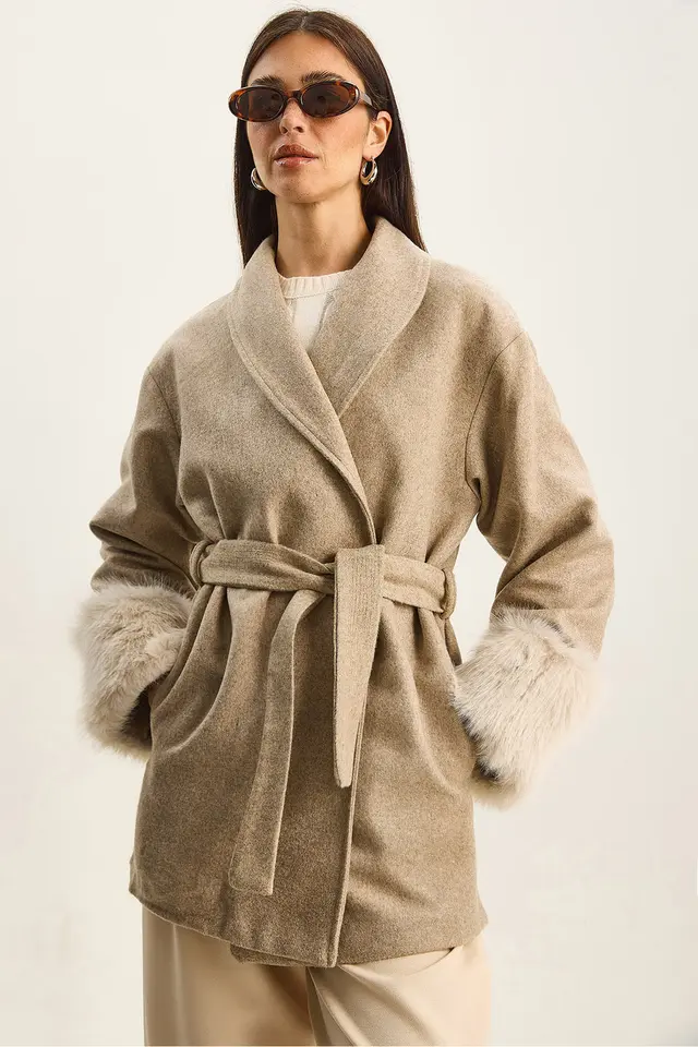 Oversized Shawl Collar Felt Jacket with Faux Fur Cuffs