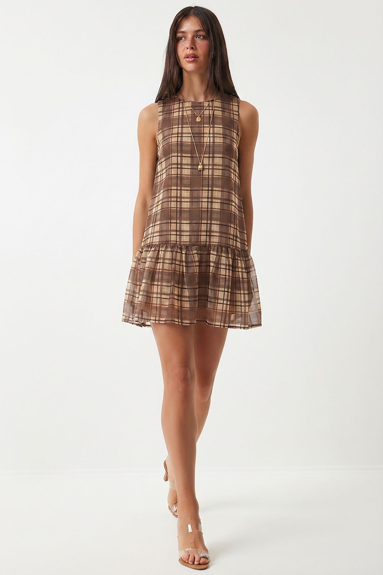 ISTANBUL Frilly Plaid Mini Dress with Crew Neck 1