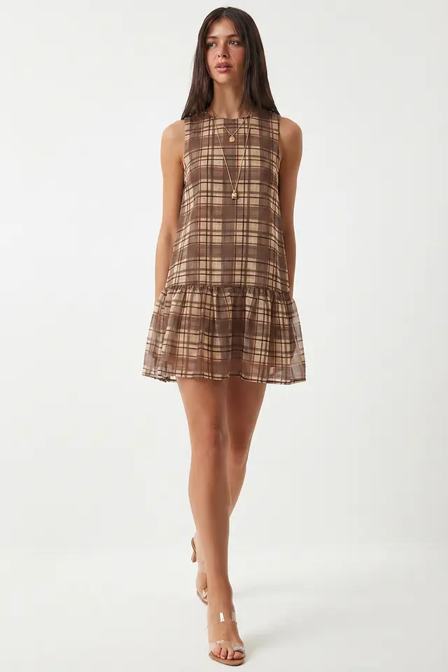 ISTANBUL Frilly Plaid Mini Dress with Crew Neck