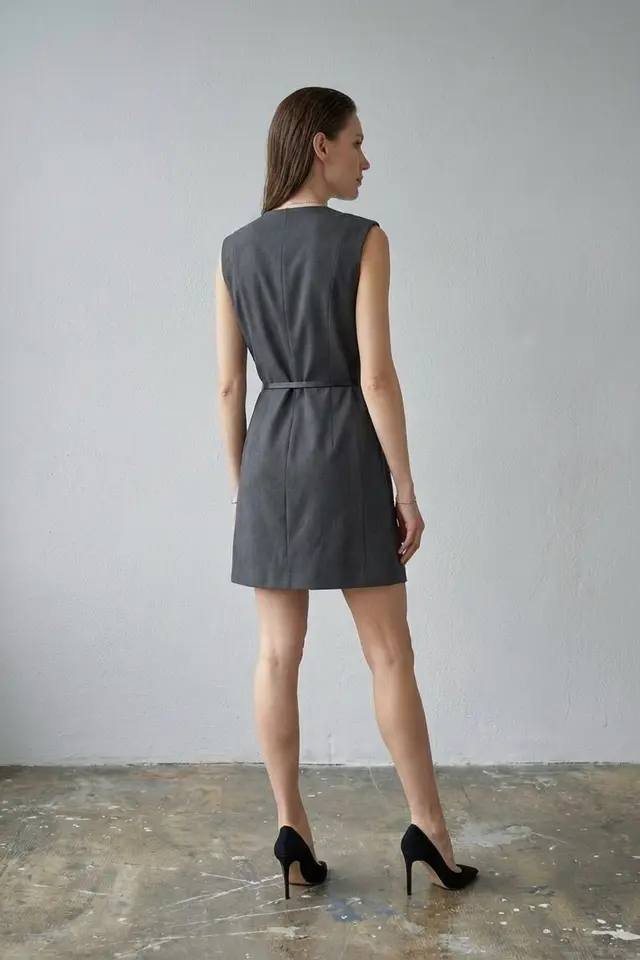 MY FASHION Belted V-Neck Sleeveless Mini Shift Dress