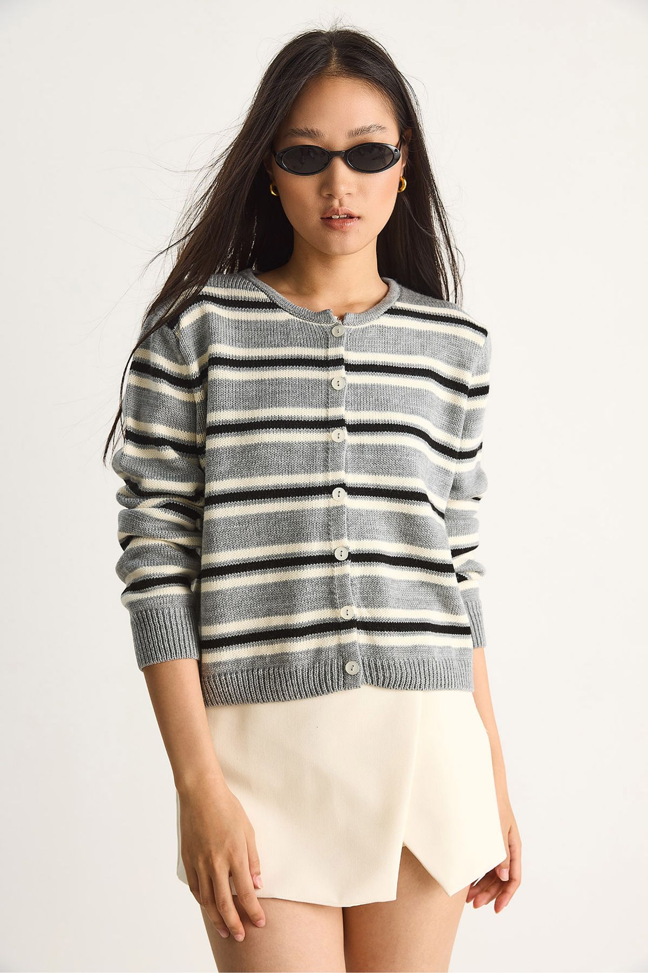 LUCCI Striped Crew Neck Cardigan 5