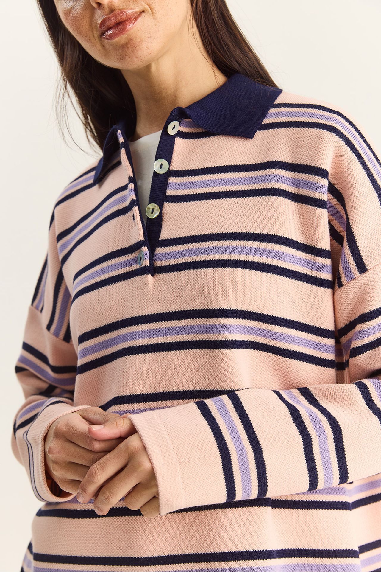 LUCCI Striped Polo Collar Button Sweater 6
