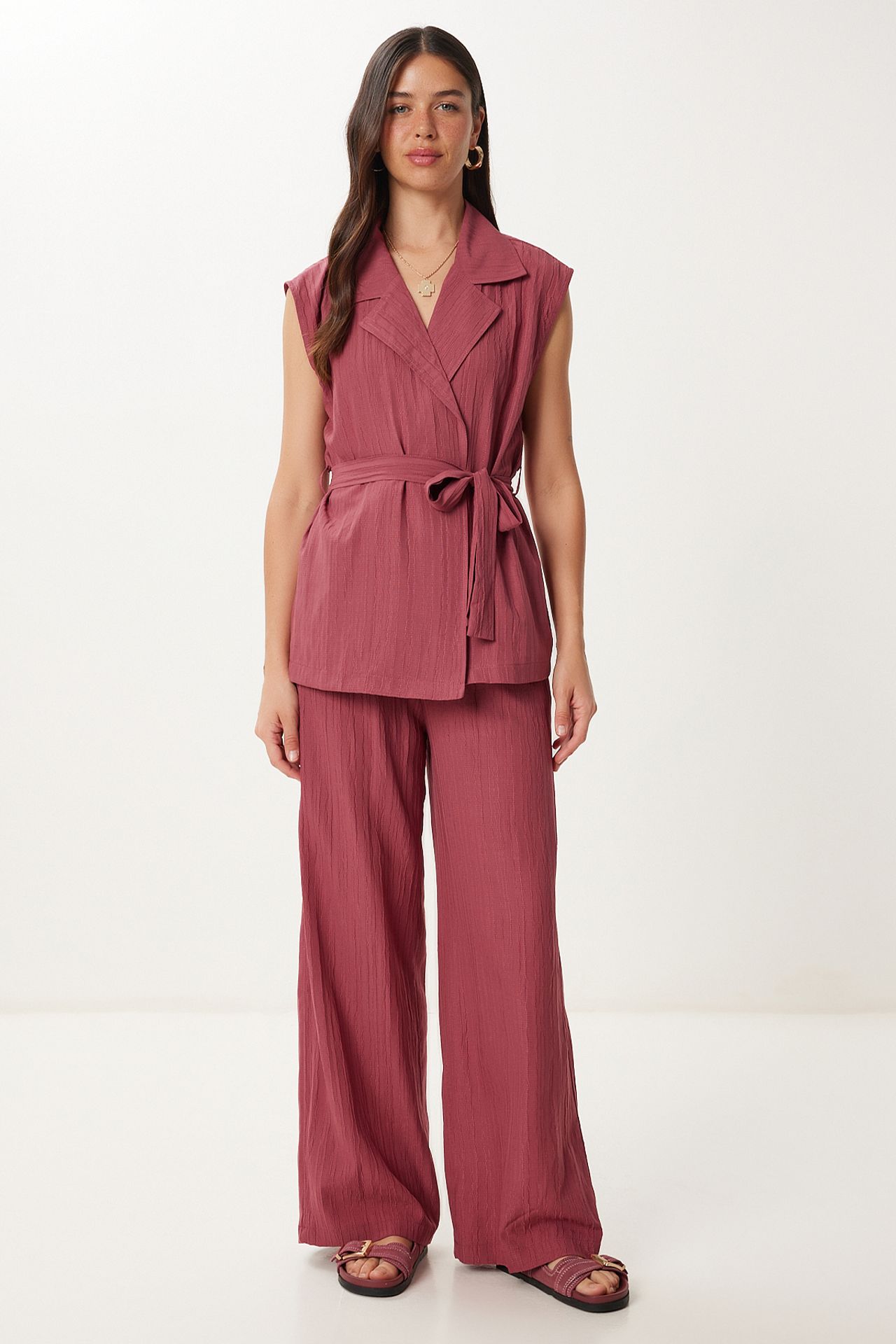 ISTANBUL High Waist Two-Piece Set with Shirt Collar and Wide Leg Pants 2