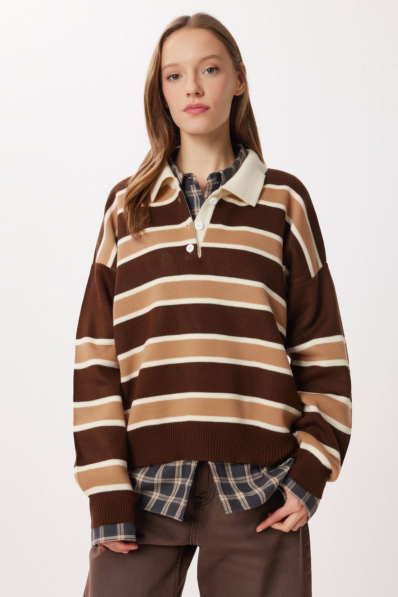 ISTANBUL Striped Sweater with Polo Collar 1