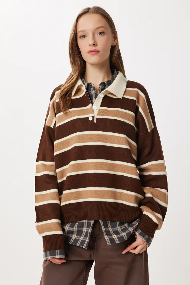 ISTANBUL Striped Sweater with Polo Collar