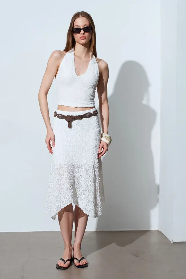 DILVIN High-Waist Lace A-Line Midi Skirt