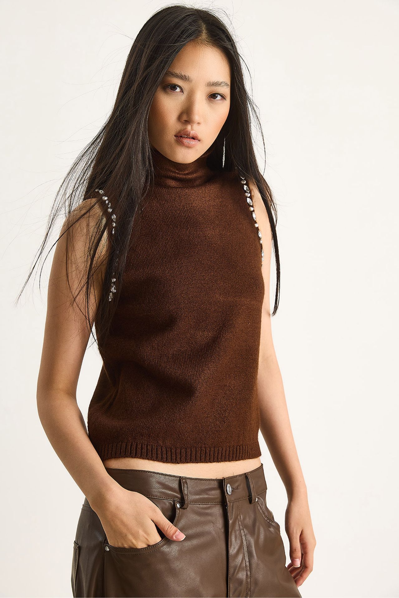 LUCCI Turtleneck Blouse with Pearl Detail
