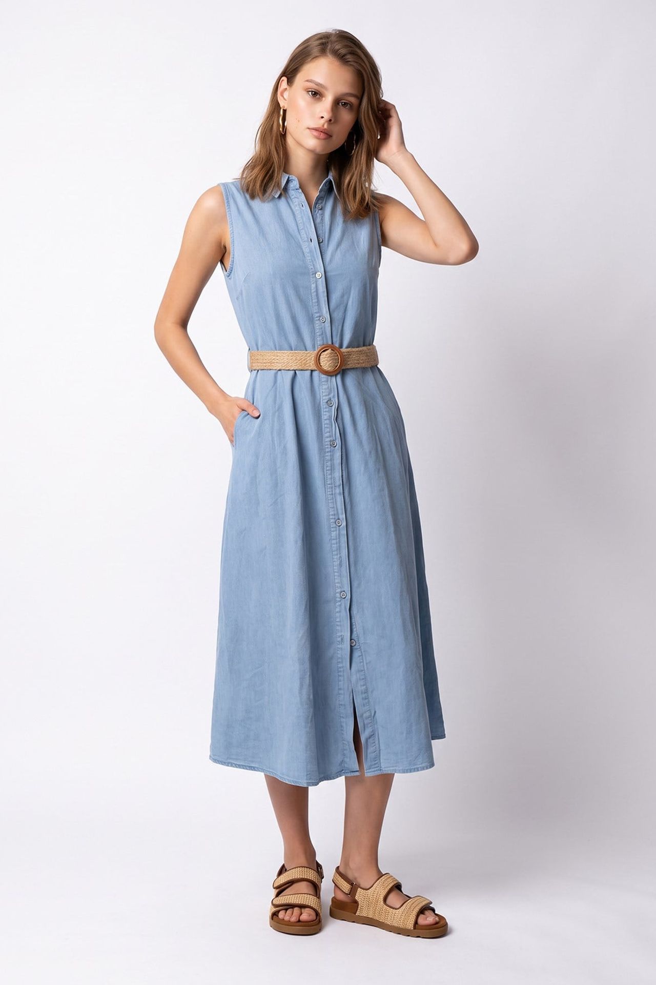 MIXRAY Belted Cotton Poplin Midi Shirt Dress 3