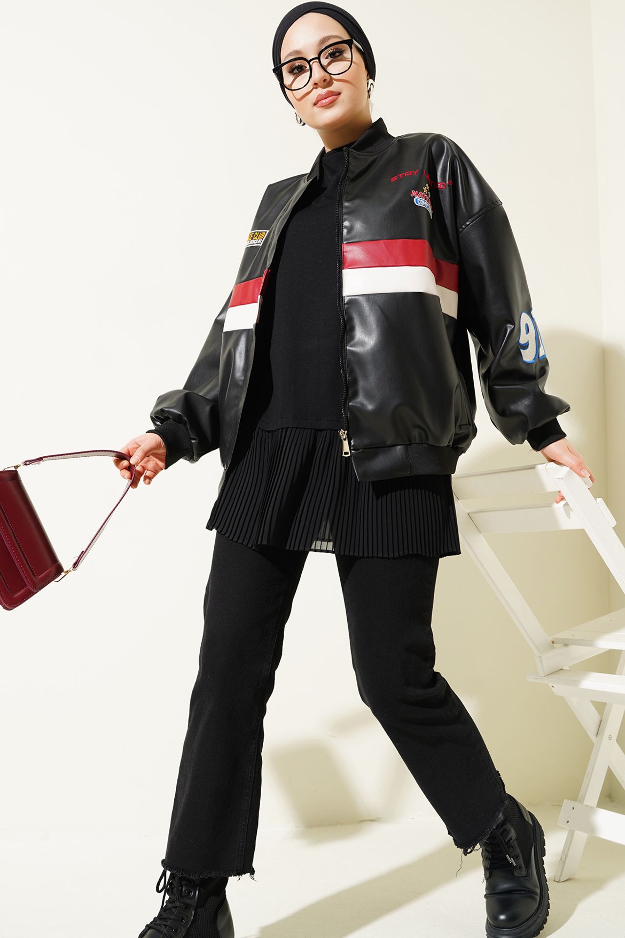 BDART Color Blocked Faux Leather Oversized Bomber Jacket 2