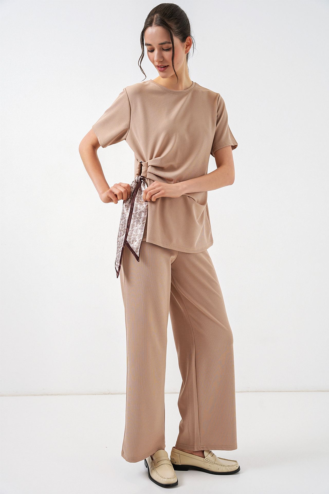 BDART Crew Neck Tie Detail Ribbed Co-Ord Set with Wide Leg Trousers 3