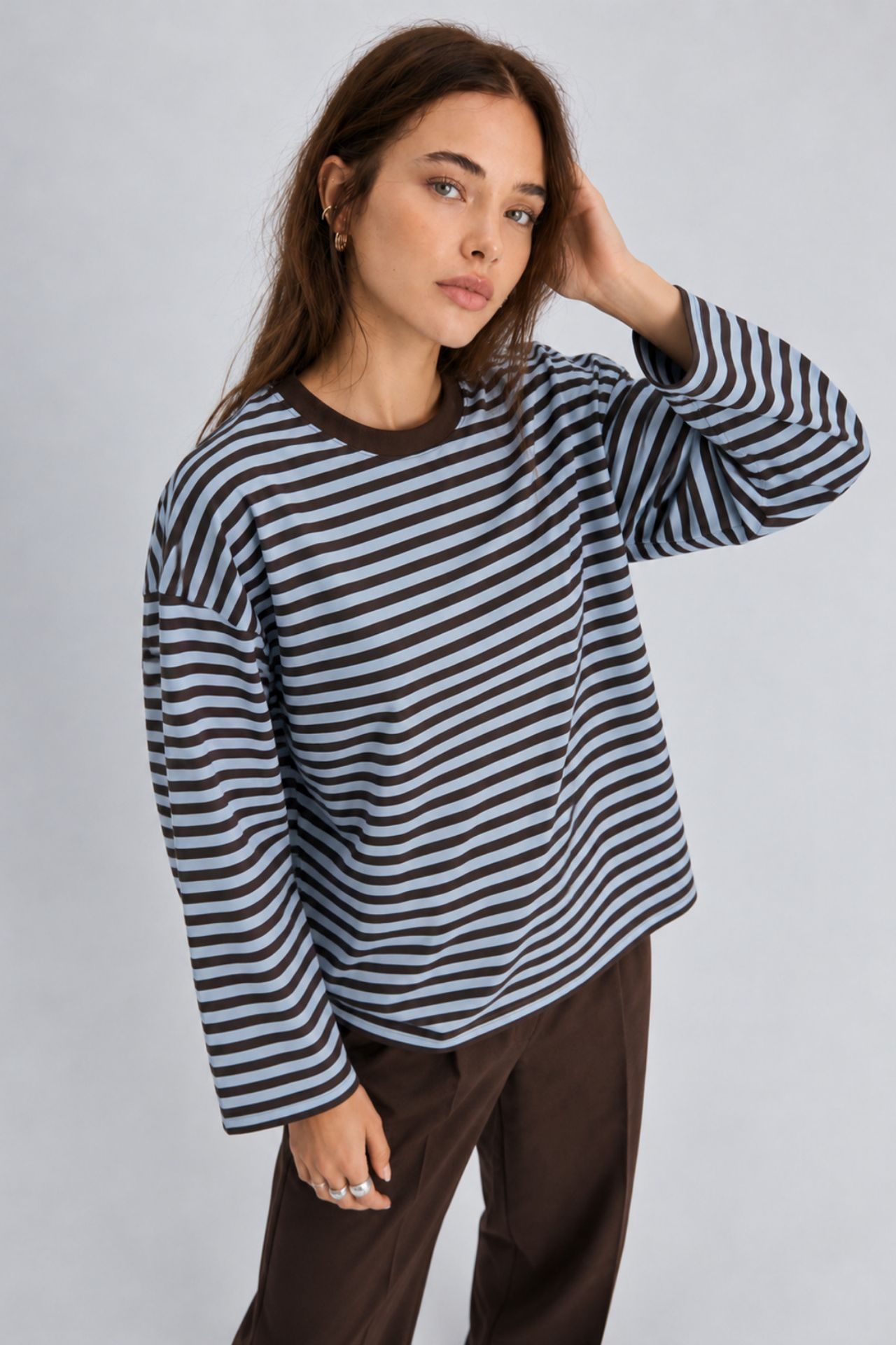 BIPANTOLON Kadın Oversize Çizgili Bisiklet Yaka Sweatshirt 5