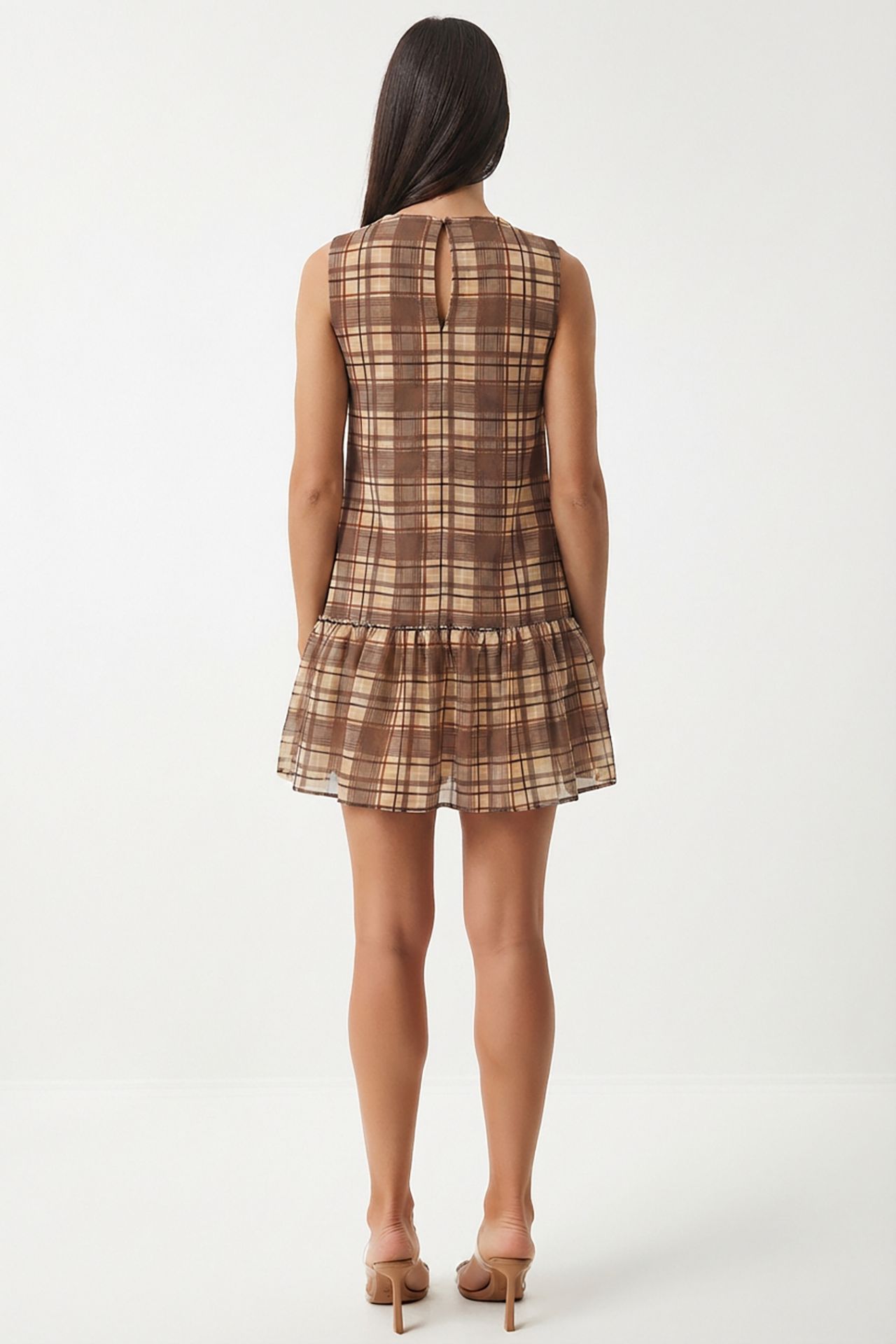 ISTANBUL Frilly Plaid Mini Dress with Crew Neck 4
