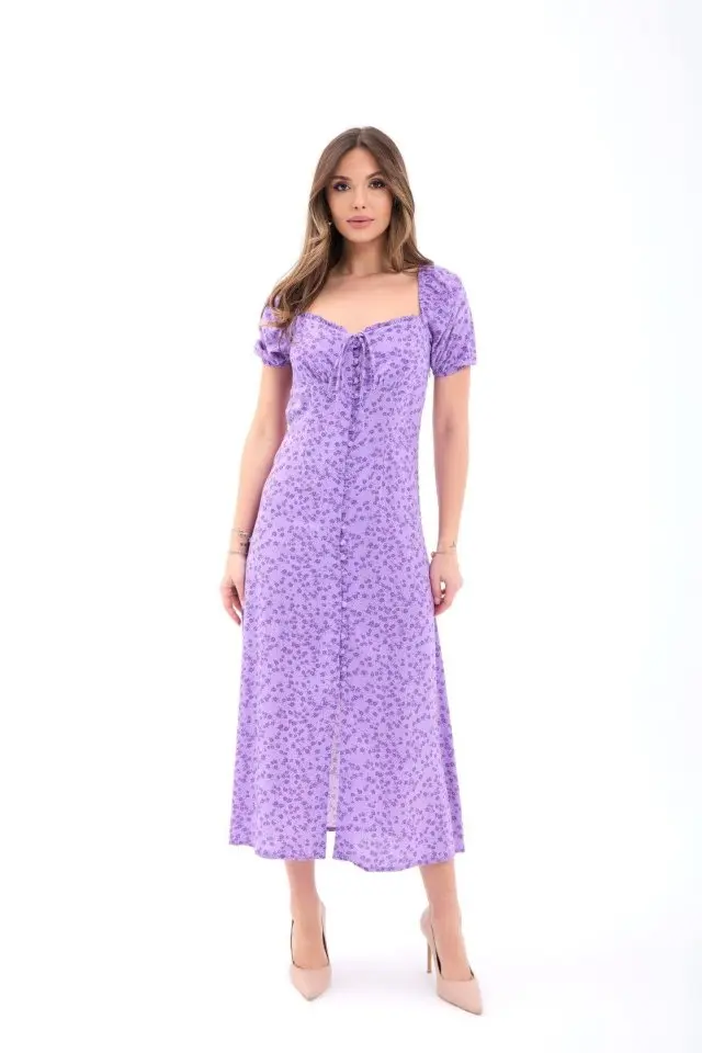 JANES Floral Midi Dress with Square Collar and Button Closure