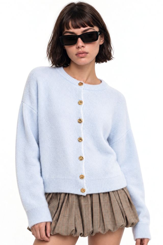 Mixray Buttoned Ribbed Knit Cardigan
