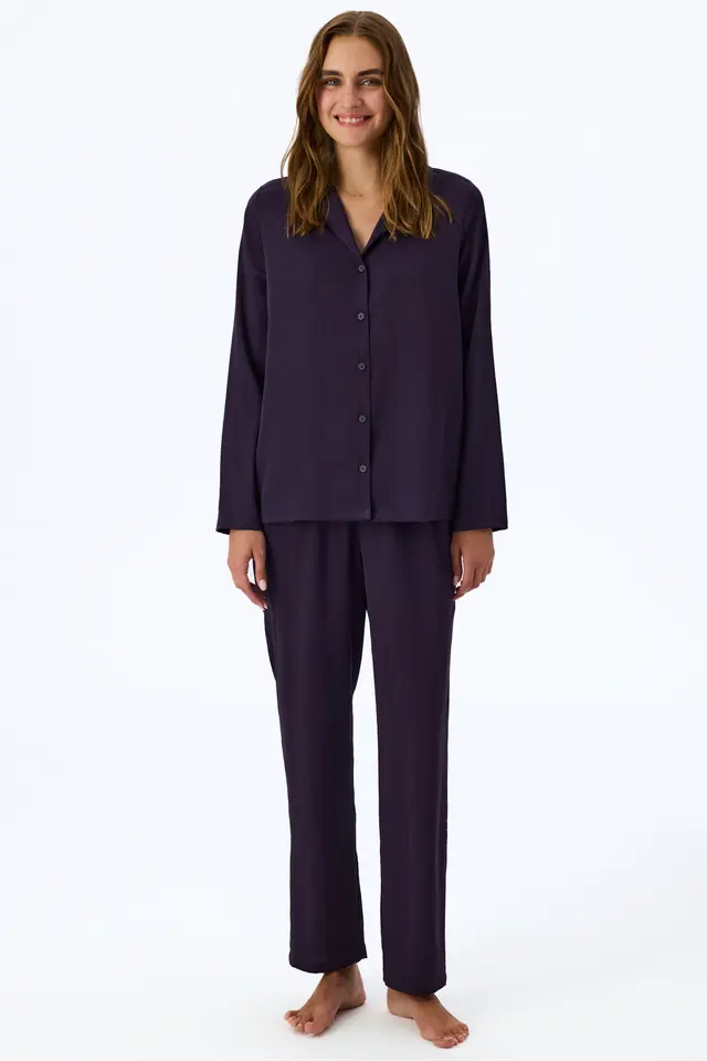 PENTI Midnight Satin Striped Long Sleeve Shirt Pants Pajama Set