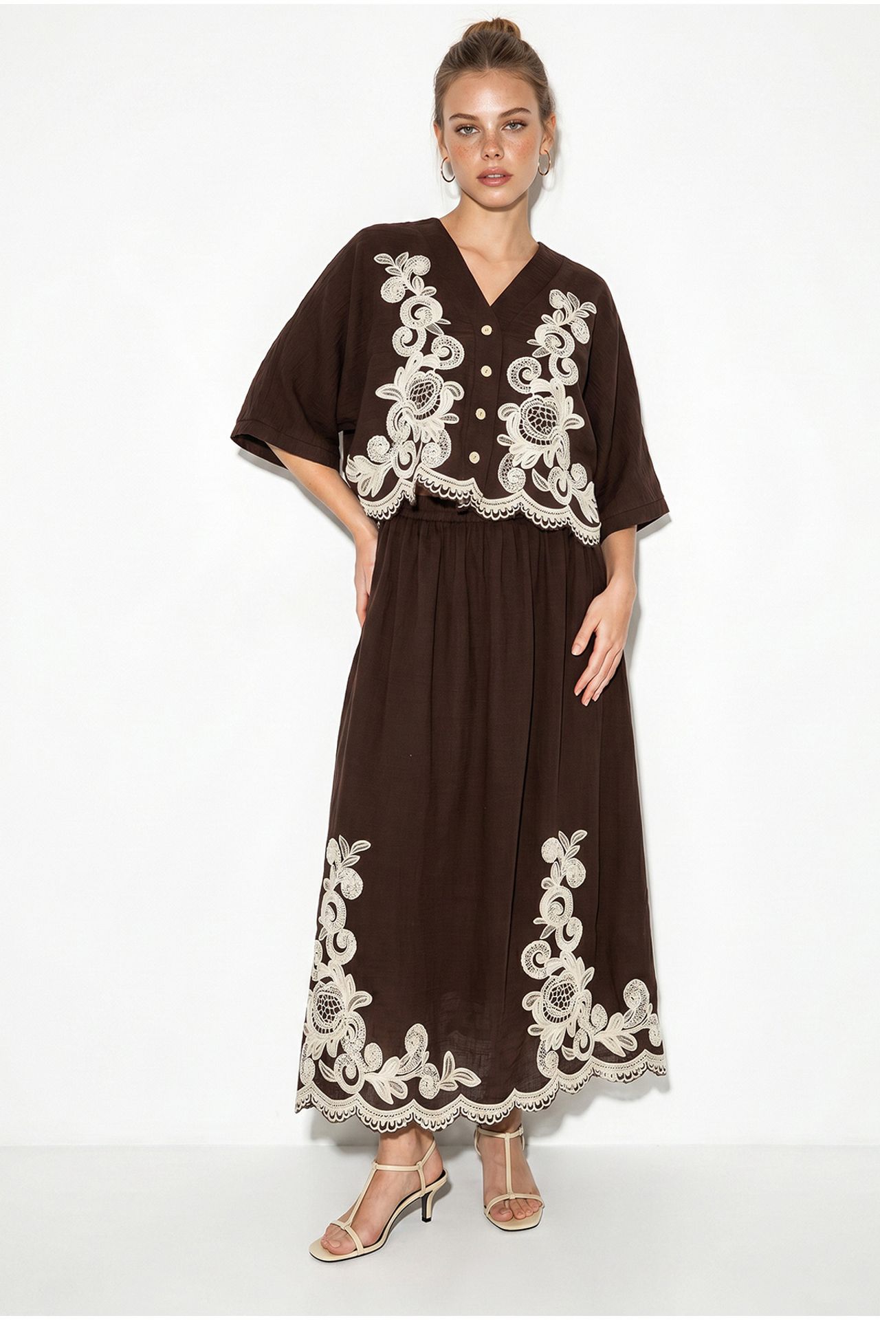 LUCCI Oversized V-neck Embroidered 3/4 Sleeve Shirt and Wide Leg Pants Set 2