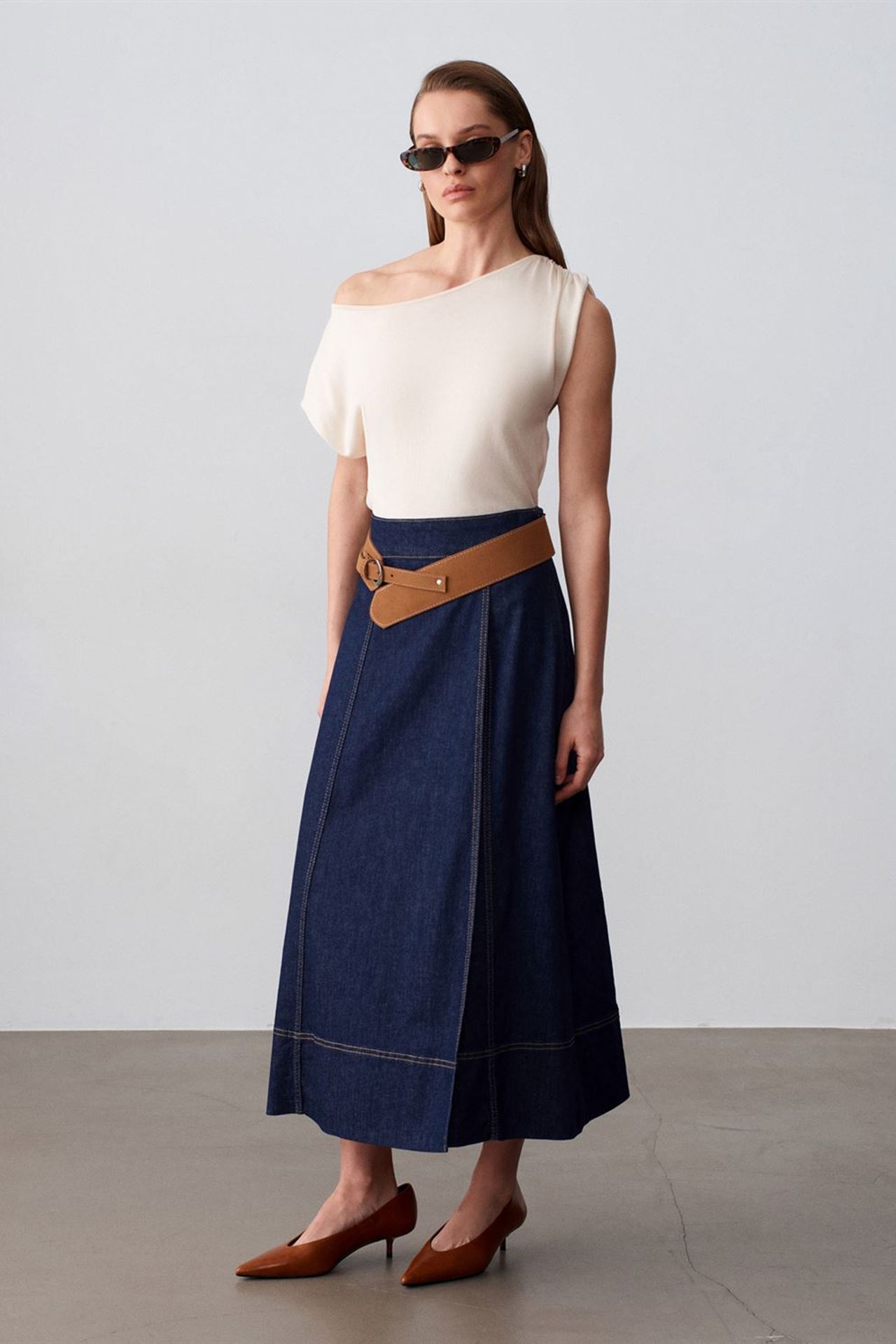 DILVIN High-Waist A-Line Denim Maxi Skirt With Belt 4