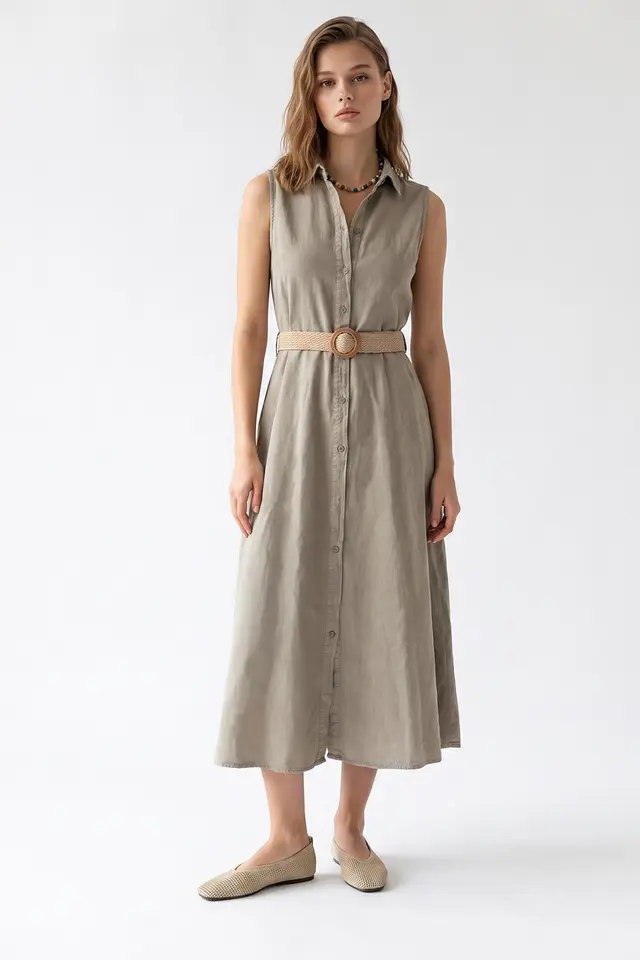MIXRAY Belted Cotton Poplin Midi Shirt Dress