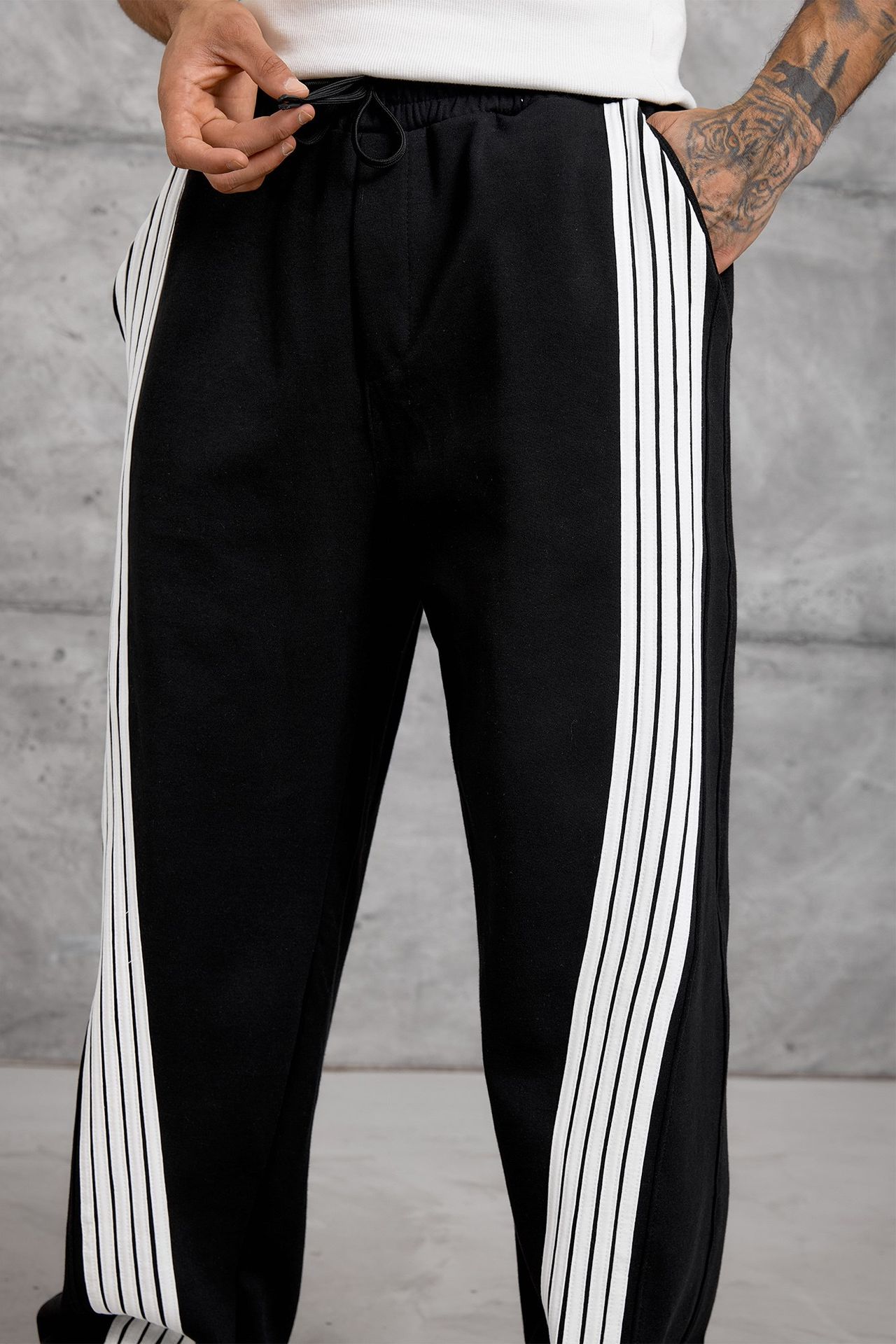 NOMARC Çizgili Geniş Paça Büzme İpli Jogger Pantolon 5
