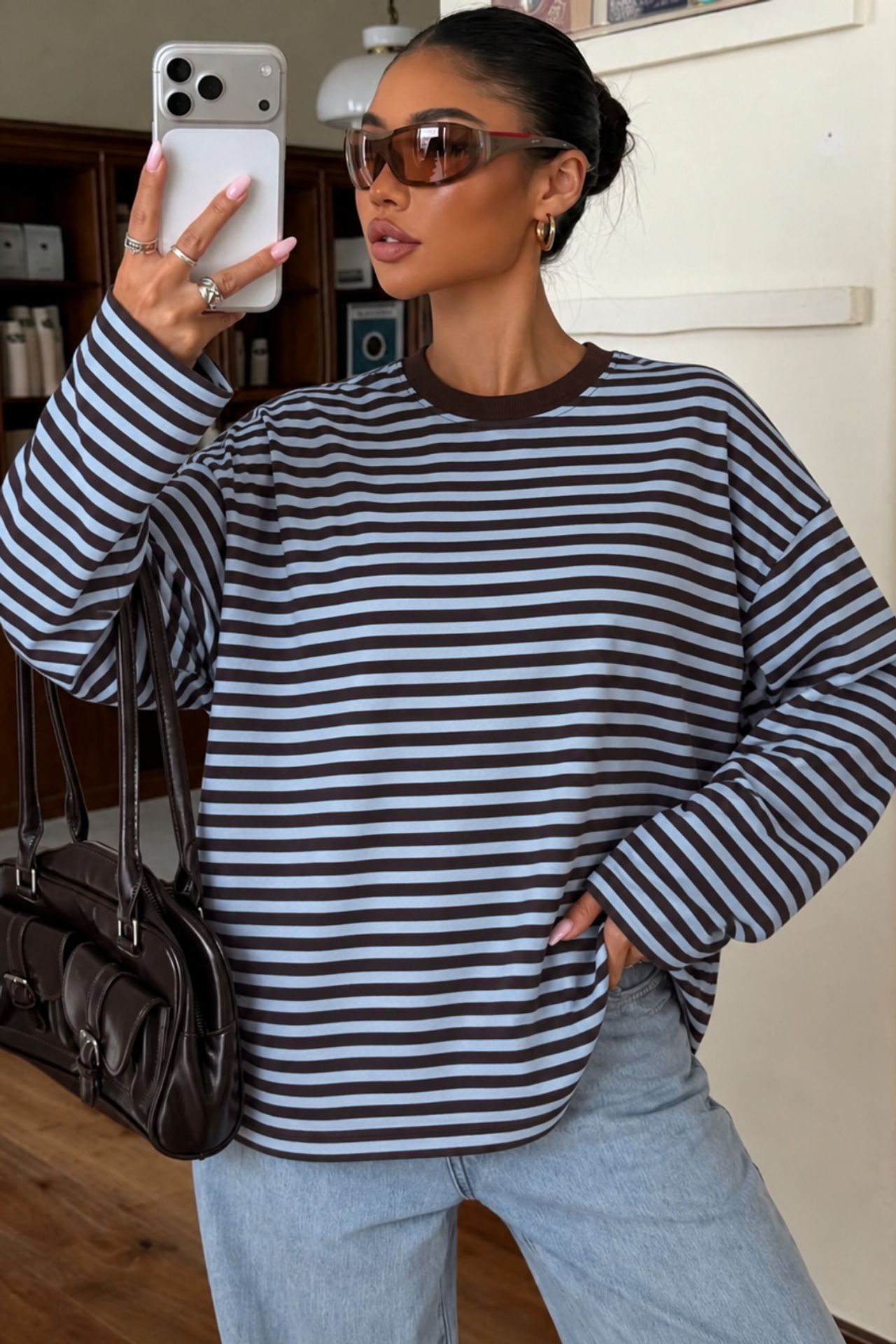 BIPANTOLON Kadın Oversize Çizgili Bisiklet Yaka Sweatshirt 1