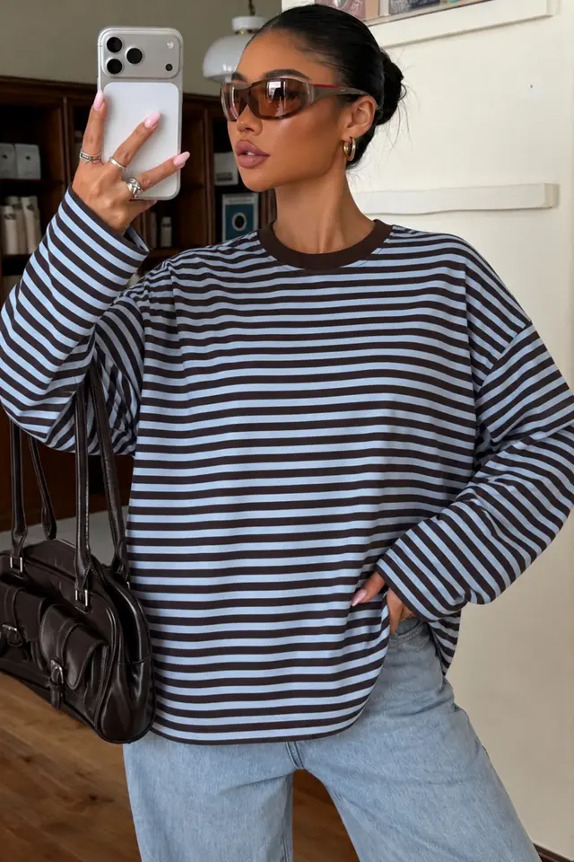 BIPANTOLON Kadın Oversize Çizgili Bisiklet Yaka Sweatshirt