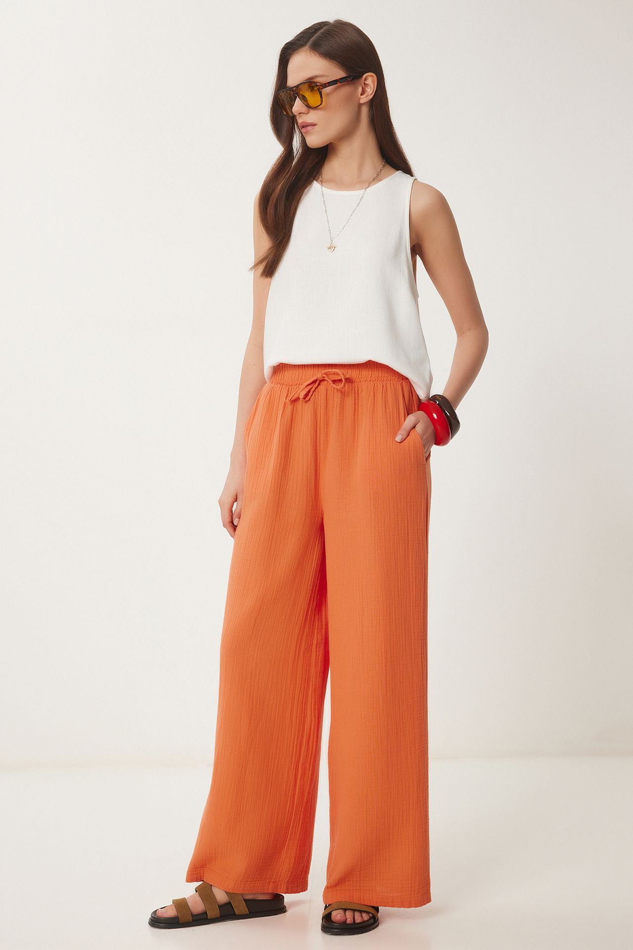 ISTANBUL Wide Leg Drawstring Waist Pants with Binding Detail 1