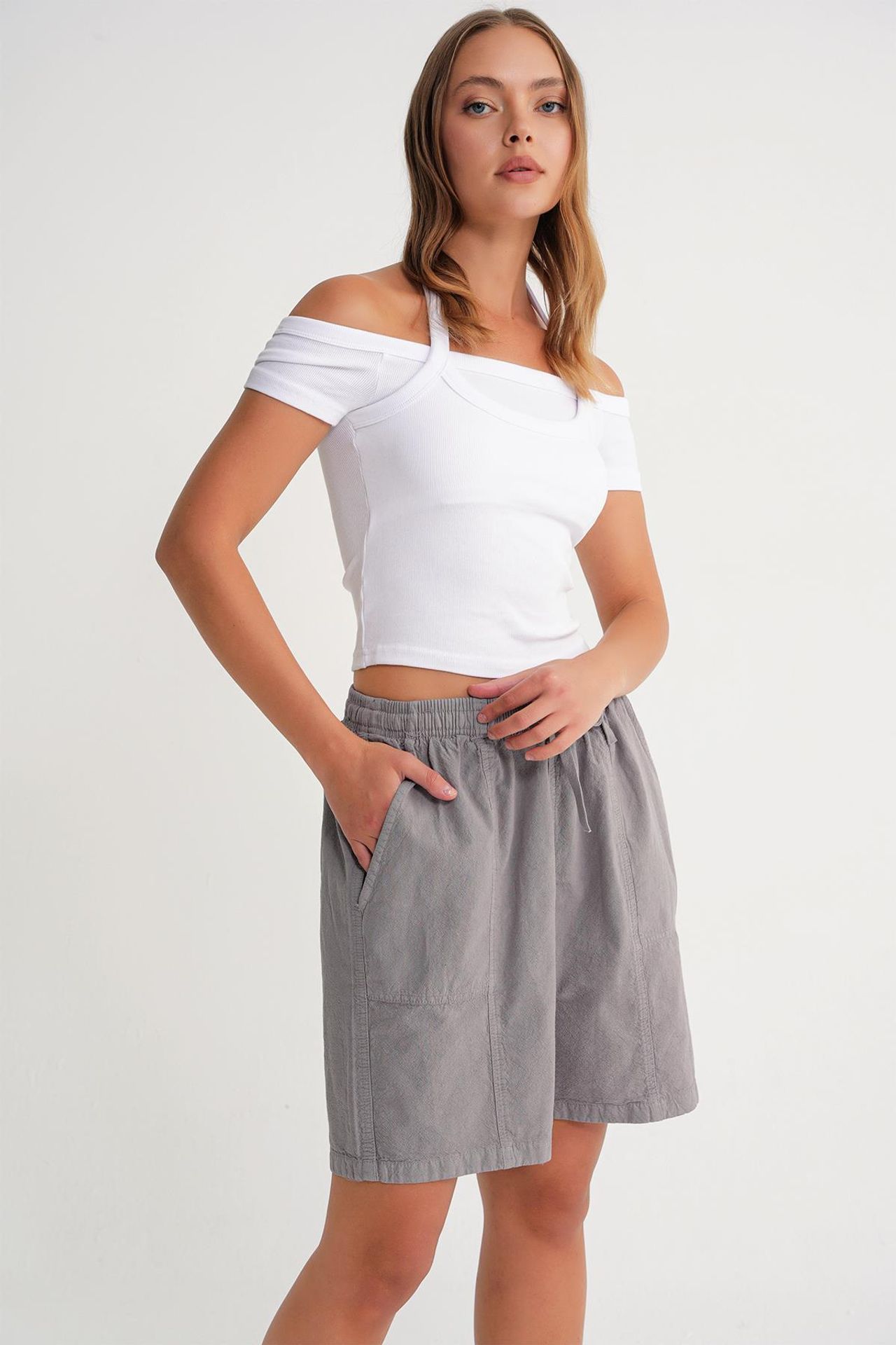 Mixray High Waist Cotton Drawstring Mini Shorts 4