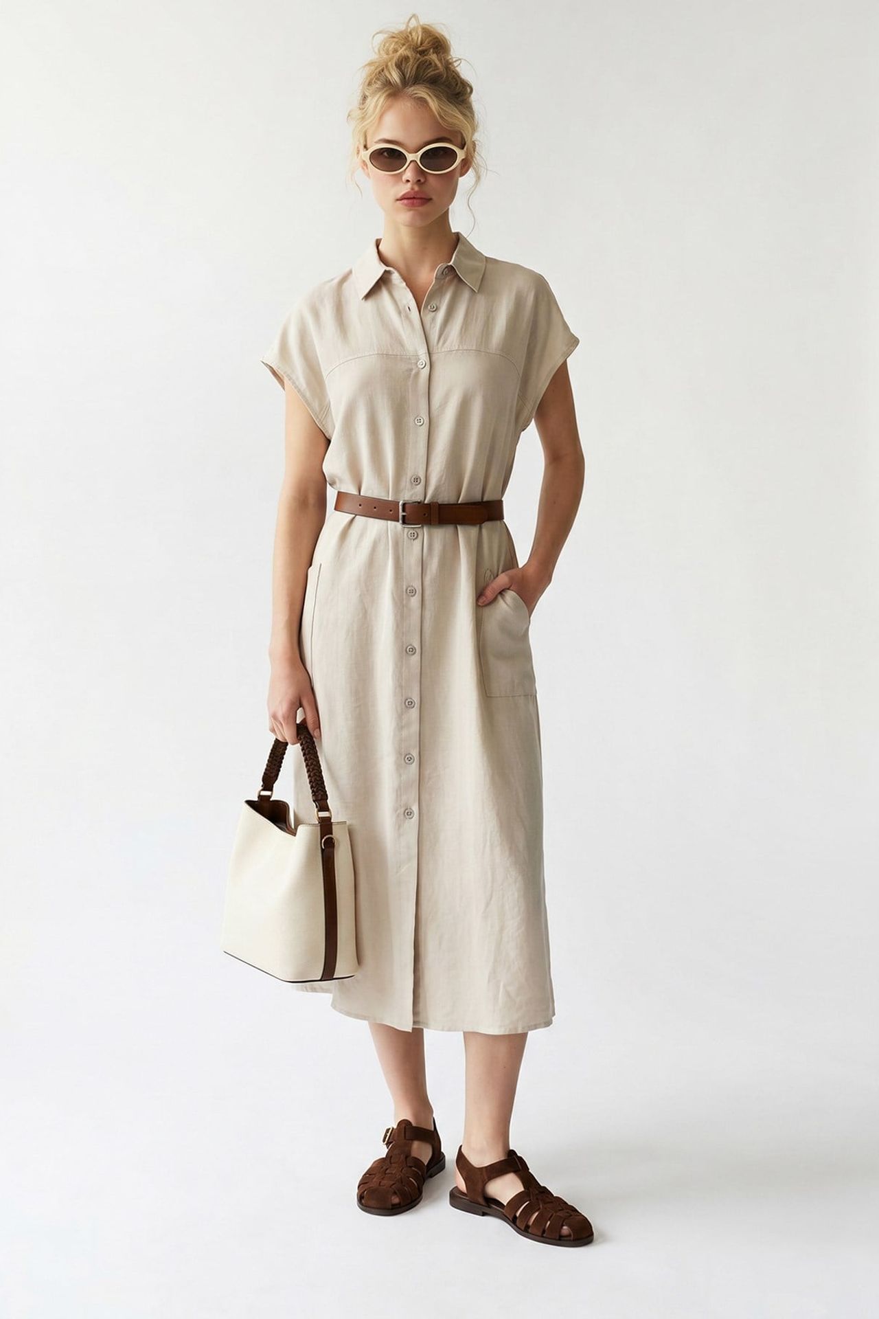MIXRAY Belted Midi Shirt Dress 2