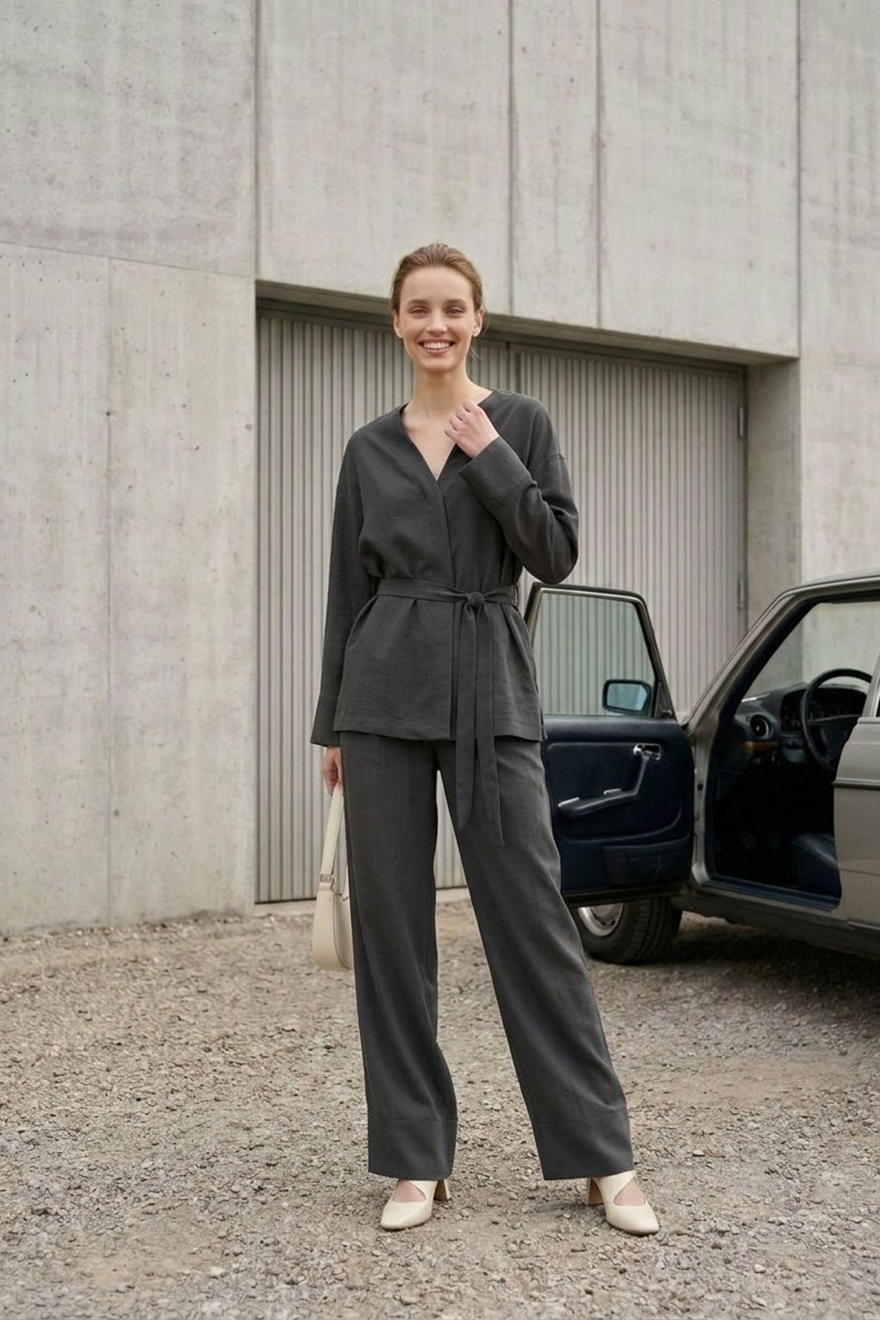 MY FASHION Belted V-neck Long Sleeve Two-Piece Set